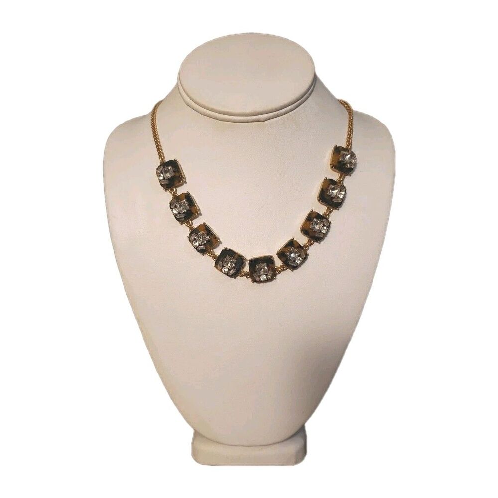J. CREW  Rhinestone Faux Tortoise Shell NECKLACE Gold Tone Lobster Claw Dust Bag